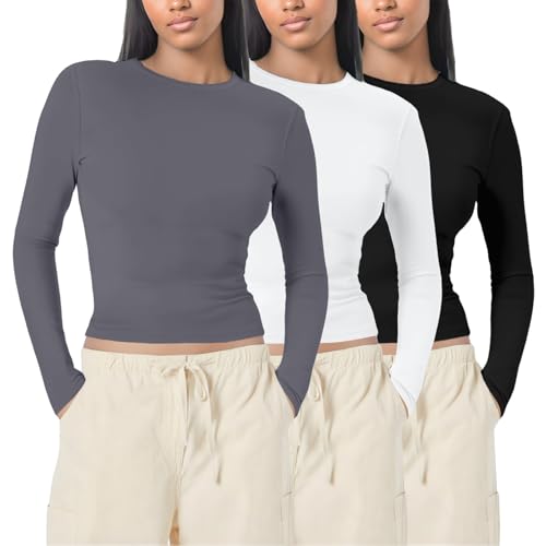 Damen 3er Pack T-Shirts Langarm Rundhals Einfarbig Slim Fit Unterwäsche Stretch Leichte Oberteile Lässige Gemütlich Unterziehshirt Y2K Crop up Langarmshirt von Generisch