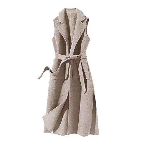 Damen Ärmellos Lang Trenchcoat Gürtel Wollmischung Weste Elegant Winter Weste Overcoat Formal Ärmellos Overcoat Damen Stilvolle Wrap Taille Ärmellos Outwear, khaki, M von Generisch