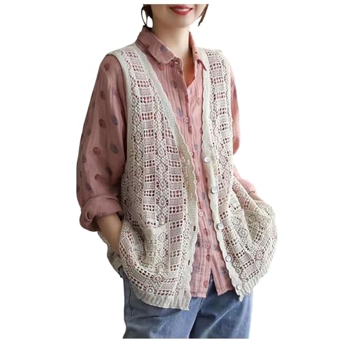 Damen Ärmellos Strickweste Häkelweste Blumenmuster Retro Ärmellos Vorne Offen Kurze Weste Schal Strickjacke Strick Weste Gilet Häkeln Hohl Spitze Vielseitiger ärmelloser dünner (A1-Beige, One Size) von Generisch