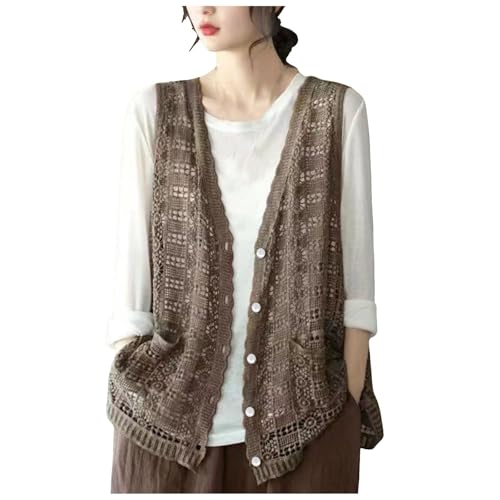Damen Ärmellos Strickweste Häkelweste Blumenmuster Retro Ärmellos Vorne Offen Kurze Weste Schal Strickjacke Strick Weste Gilet Häkeln Hohl Spitze Vielseitiger ärmelloser dünner (A1-Brown, One Size) von Generisch