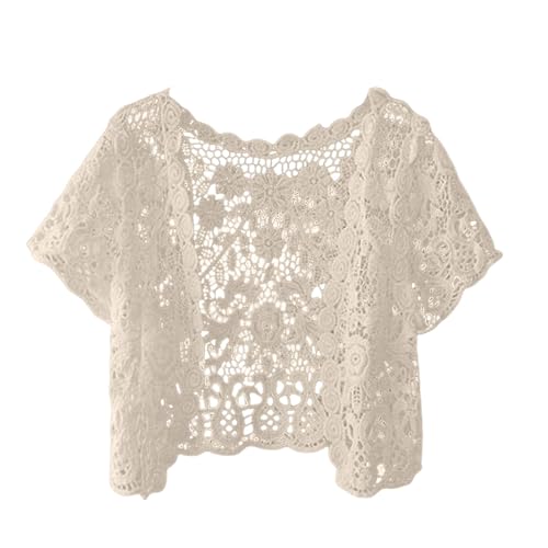 Damen Ärmellos Strickweste Häkelweste Blumenmuster Retro Ärmellos Vorne Offen Kurze Weste Schal Strickjacke Strick Weste Gilet Häkeln Hohl Spitze Vielseitiger ärmelloser dünner (A4-Beige, One Size) von Generisch
