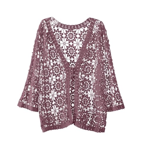 Damen Ärmellos Strickweste Häkelweste Blumenmuster Retro Ärmellos Vorne Offen Kurze Weste Schal Strickjacke Strick Weste Gilet Häkeln Hohl Spitze Vielseitiger ärmelloser dünner (A6-Purple, One Size) von Generisch