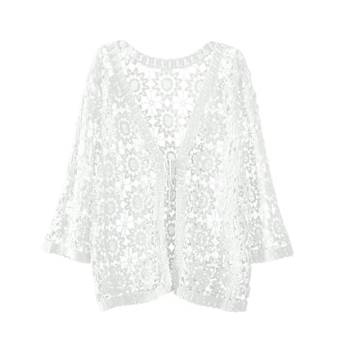 Damen Ärmellos Strickweste Häkelweste Blumenmuster Retro Ärmellos Vorne Offen Kurze Weste Schal Strickjacke Strick Weste Gilet Häkeln Hohl Spitze Vielseitiger ärmelloser dünner (A6-White, One Size) von Generisch