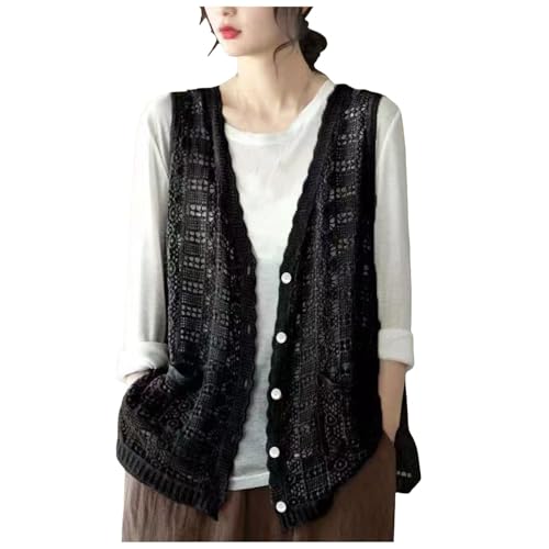 Damen Ärmellos Strickweste Häkelweste Blumenmuster Retro Ärmellos Vorne Offen Kurze Weste Schal Strickjacke Strick Weste Gilet Häkeln Hohl Spitze Vielseitiger ärmelloser dünner Außen (One Size) von Generisch