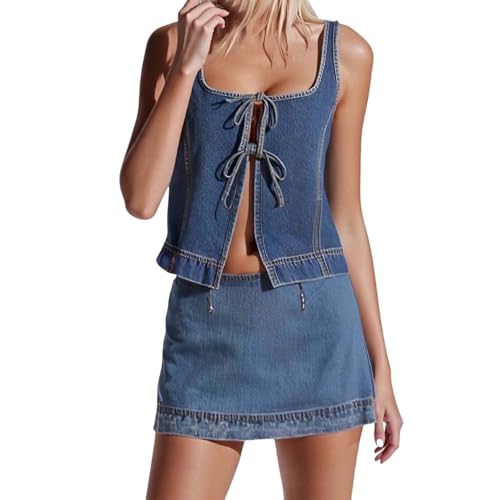 Damen Ärmellose Jeanshemd und Jeansrock Set Modisch Denimhemd mit Gürtel Bequeme Sommer Freizeitanzug 2-Teilig Y2K Camisole + Jeansshort Sets Mode Streetwear Lässig Strandanzug von Generisch