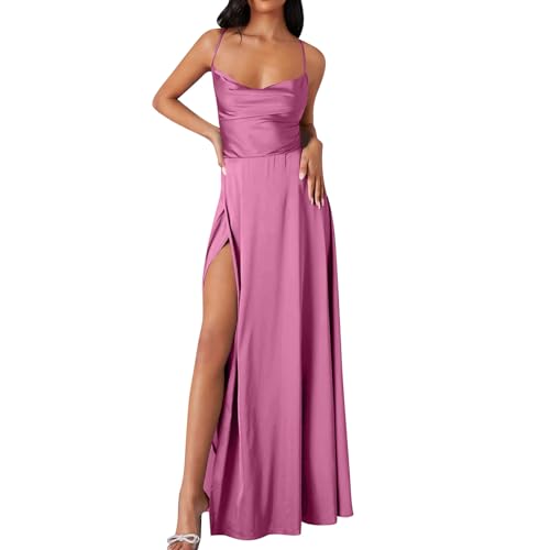 Damen Abendkleid Lang mit Schlitz Satin Ballkleid Elegant Korsett Abschlusskleid A-Linien Abiballkleider Spaghetti Neckholder Partykleid Lange V-Ausschnitt Brautjungfernkleider Rosa L von Generisch