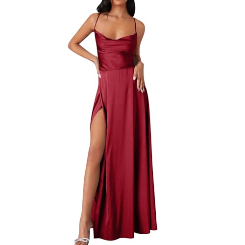Damen Abendkleid Lang mit Schlitz Satin Ballkleid Elegant Korsett Abschlusskleid A-Linien Abiballkleider Spaghetti Neckholder Partykleid Lange V-Ausschnitt Brautjungfernkleider Rot XL von Generisch