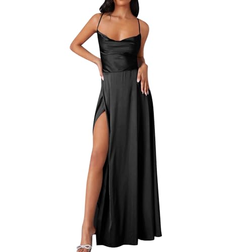 Damen Abendkleid Lang mit Schlitz Satin Ballkleid Elegant Korsett Abschlusskleid A-Linien Abiballkleider Spaghetti Neckholder Partykleid Lange V-Ausschnitt Brautjungfernkleider Schwarz XL von Generisch