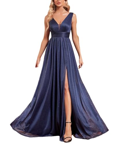 Damen Abendkleid mit V-Ausschnitt, ärmellos, funkelnd, bodenlang, rückenfrei, formell, blau, Hochzeit, Party, Abschlussball, marineblau, Medium von Generisch