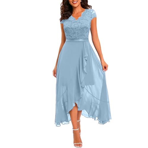 Damen Abendkleider Lang Elegant Chiffon Spitzenkleid Rundhalsausschnitt Ärmellos Cocktailkleid für Hochzeit Lang High Low Ballkleid Brautjunferkleid A-Linie Partykleid 2#Hellblau S von Generisch