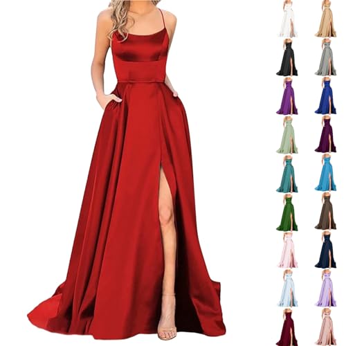 Damen Abendkleider Spaghetti Hohe Taille A-Linie Abschlusskleid elegant Long Kleid Maxi Cocktail Kleider Ärmellos Satin Hochzeit Abiballkleid Strandkleid Sommerkleids von Generisch