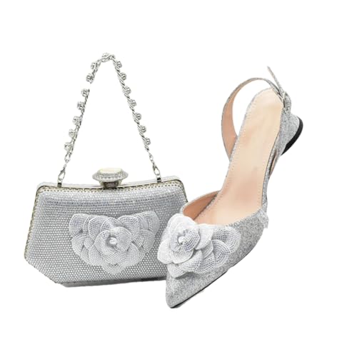 Damen Absatz, Party, italienisches Design, Schuhe und Tasche, Set verziert mit Strass, Handtasche, Hochzeitsfeier, Silber für Set, 42.5 EU von Generisch