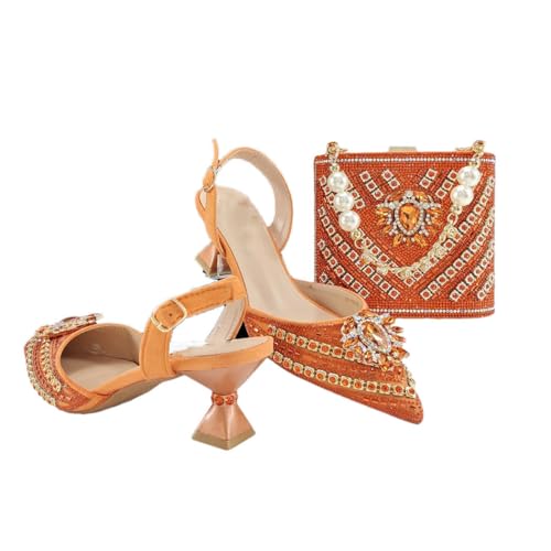 Damen-Absatz- und Handtaschen-Set mit spitzen Zehen und Strasssteinen, Dekoration, Hochzeit, Party, Outfits, Orange, 43 EU von Generisch