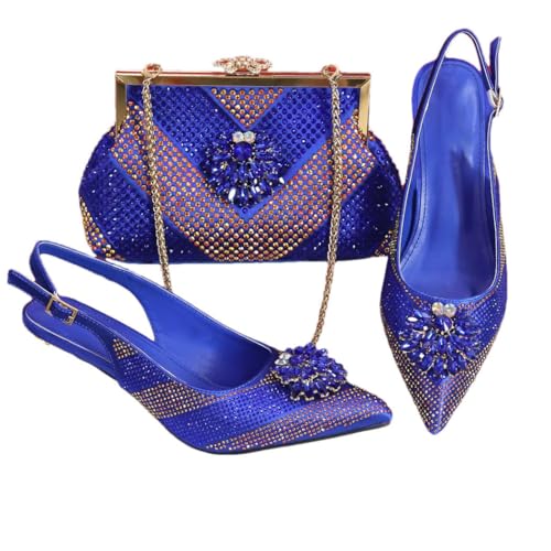 Damen-Absatz- und Taschenset mit spitzem Zehenbereich, italienisches Design mit Strasssteinen für Hochzeit, Party, blau, 40.5 EU von Generisch
