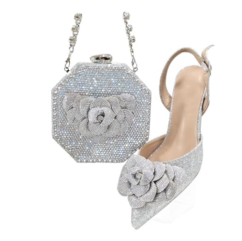 Damen Afrikanischer Stil Abend Heels Clutch Set mit Mittelabsatz Elegante Absätze Taschen Set Silber von Generisch