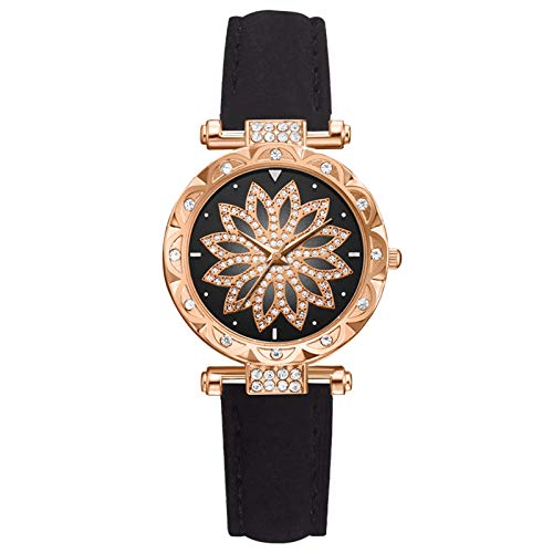 Damen Analog Quarz Uhr mit Lederarmband Watch Bracelet Leaf Dial Damen Strap SetGift Star Quartz Damenuhr Armbanduhren Mit Datum (Black, One Size) von Generisch