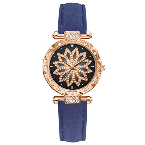 Damen Analog Quarz Uhr mit Lederarmband Watch Bracelet Leaf Dial Damen Strap SetGift Star Quartz Damenuhr Armbanduhren Mit Datum (Blue, One Size) von Generisch