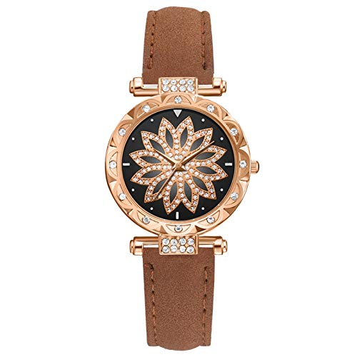 Damen Analog Quarz Uhr mit Lederarmband Watch Bracelet Leaf Dial Damen Strap SetGift Star Quartz Damenuhr Armbanduhren Mit Datum (Coffee, One Size) von Generisch