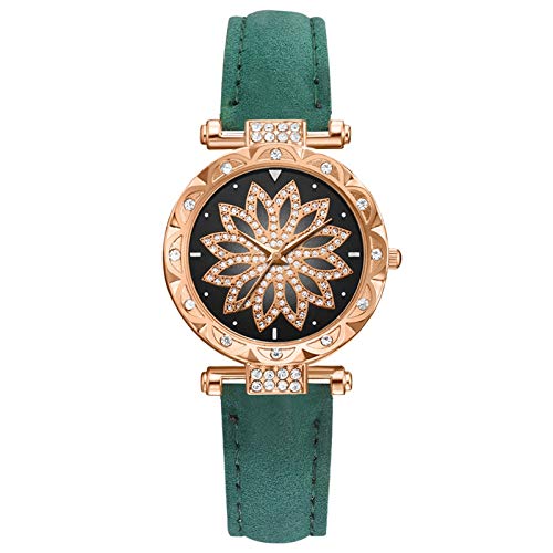 Damen Analog Quarz Uhr mit Lederarmband Watch Bracelet Leaf Dial Damen Strap SetGift Star Quartz Damenuhr Armbanduhren Mit Datum (Green, One Size) von Generisch