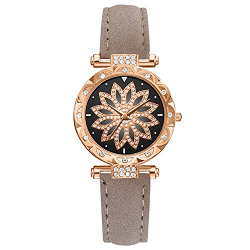 Damen Analog Quarz Uhr mit Lederarmband Watch Bracelet Leaf Dial Damen Strap SetGift Star Quartz Damenuhr Armbanduhren Mit Datum (Grey, One Size) von Generisch