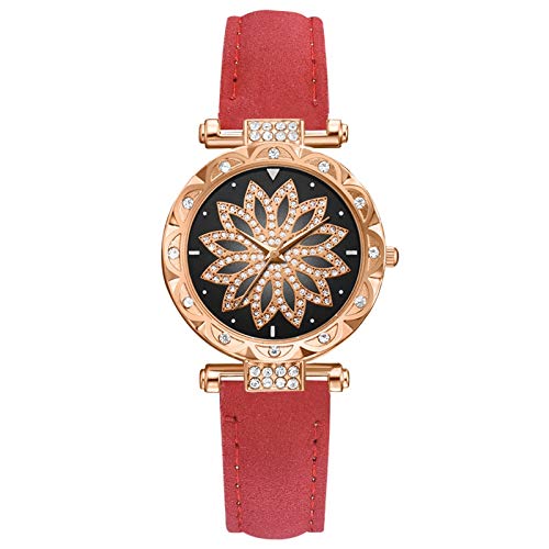 Damen Analog Quarz Uhr mit Lederarmband Watch Bracelet Leaf Dial Damen Strap SetGift Star Quartz Damenuhr Armbanduhren Mit Datum (Red, One Size) von Generisch