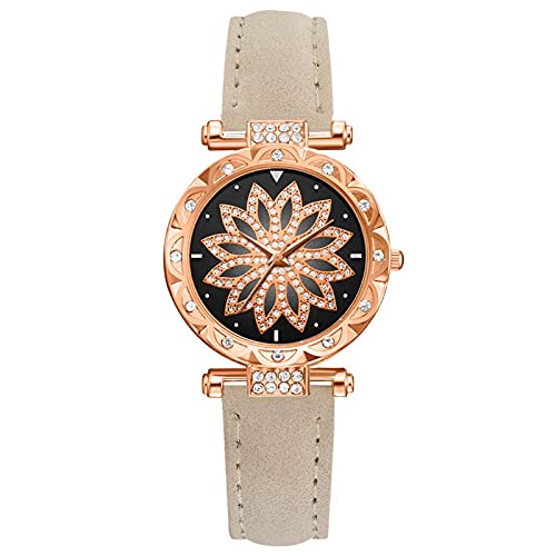 Damen Analog Quarz Uhr mit Lederarmband Watch Bracelet Leaf Dial Damen Strap SetGift Star Quartz Damenuhr Armbanduhren Mit Datum (Rose Gold, One Size) von Generisch