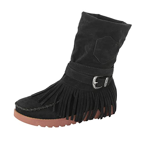 Damen Ankle Boots Modische Stiefel Retro Zehen Fransen Kurze Flache Schuhe für Frauen Elegante Bequeme Ausstattung (Black, 41) von Generisch