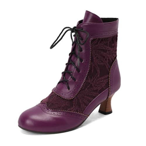 Damen Ankle Boots Western Stil Schnüren Robuster Absatz Stilvolle Stiefel für Frauen Komfortable Modische Fußbekleidung für den Alltag (Purple, 41) von Generisch