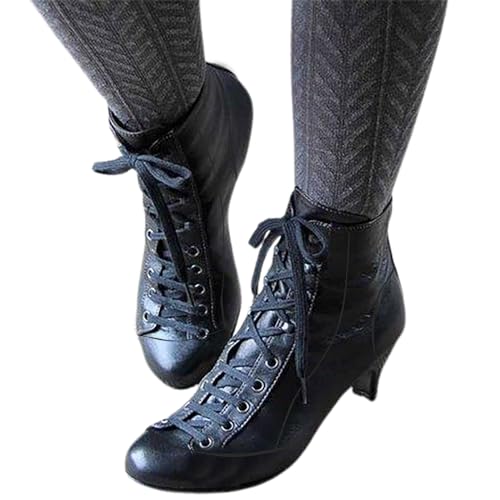 Damen Ankle Boots Winter mit mittelhohem Absatz Schnürstiefel für stilvolle Frauen modischem Design (Black, 41) von Generisch