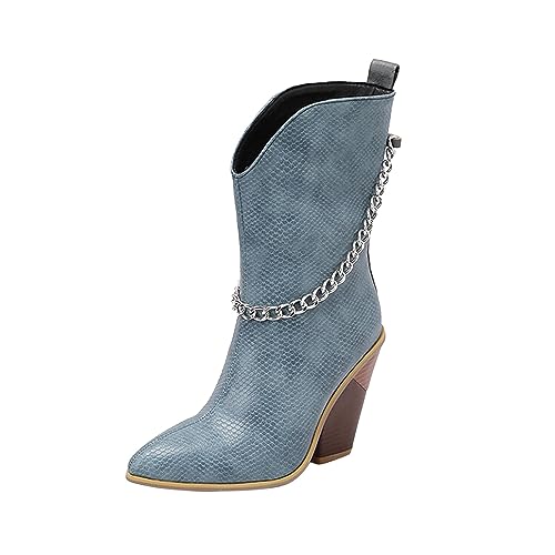 Damen Ankle Boots mit Metallkette Dekoration hoher Absatz Dicker Sohle für stylebewusste Frauen (Blue, 37) von Generisch