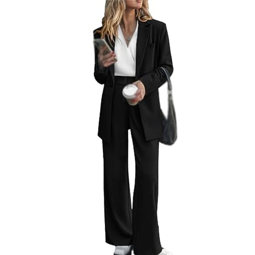 Damen-Anzug-Set in Übergröße, lässig, locker, langer Blazer, Jacken und Hosenanzüge mit weitem Bein, Schwarz , M von Generisch