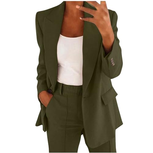 Damen Anzuge 2 Teilig Hosenanzug Langarm Business Anzuge Set Zweiteiler Einfarbig Blazern Lange Hose Eleganter Hosenanzüge Sportlich Slimfit Streetwear Frauen Freizeitanzug (B3-Army Green, XXL) von Generisch