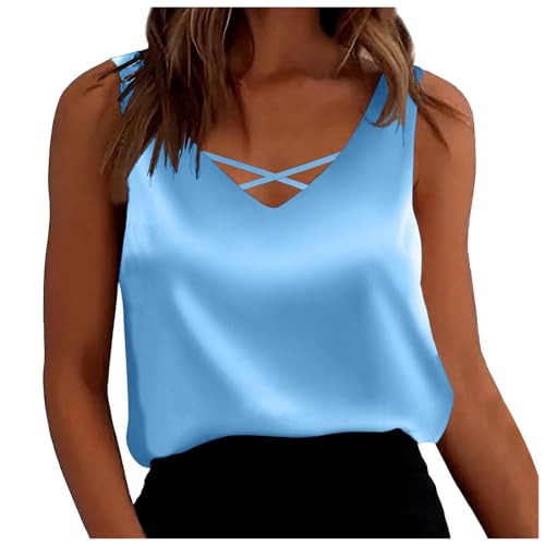 Damen Arbeit Dressy Tank Top Ausgehen Seide Satin Lose Basic Business Casual Ärmellos Mode Blusen Loose Fit V Ausschnitt Solid Sommer 2025 Tank Tops Crisscross Camisole Y2K Trendy, himmelblau, XL von Generisch
