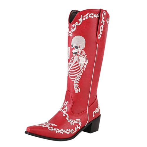 Damen-Außenhandelsstiefel mit V-Ausschnitt, Western-Cowboystiefel, Stiefel, Halloween, hoher Schaft, spitzer Dicker Absatz, Stiefel mit mittlerem Absatz Keilabsatz Schuhe Damen Geschlossen (Red, 35) von Generisch