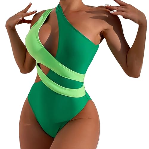 Damen Badeanzug Sportlich Swimming Suits Women Damen Kontrastfarben schöner Rücken Einteiler Strand Resort Hot Spring (Green M) von Generisch