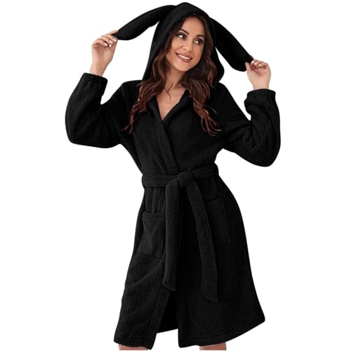 Damen-Bademantel aus Fleece mit Hasenohren, kurzer Plüsch-Bademantel mit Gürtel, weiche, gemütliche Winter-Nachtwäsche, warme Flanell-Nachtwäsche, niedlicher und bequemer Lounge-Bademantel für kaltes Damen-Bademantel aus Fleece mit Hasenohren, kurzer Plüsch-Bademantel mit Gürtel, weiche, gemütliche Winter-Nachtwäsche, warme Flanell-Nachtwäsche, niedlicher und bequemer Lounge-Bademantel für kaltes von Generisch