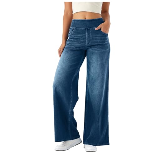 Damen Baggy Jeans mit weitem Bein Jeanshose Mit Gummibund High Waist Stretch Weites Jeans 4 Taschen Hosen Party Freizeit Gerades Hosen Große Größen Weiter Jeanshose Pull On Wide Leg Bequeme Jean von Generisch