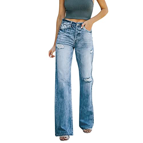 Damen Baggy Jeanshose Risse Ripped Jeans Loose Gerade Jeanshosen mit Unregelmäßige Tasten Freizeit Lochjeans mit Taschen Jeans Hose Stretch Waschbare Sommerhose Streetwear,Blue,M von Generisch