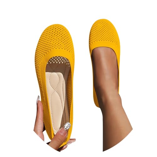 Damen Ballerinas Schlupfschuhe rutschfeste Strick-Sneaker Bequeme Atmungsaktive Sommer Sportliche Frauen Flache Schuhe Komfortschuhe (Yellow, 40) von Generisch