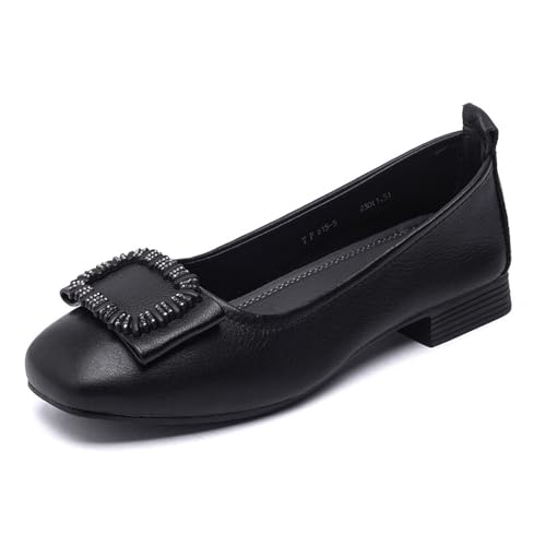 Damen-Ballerinas mit geflochtener Schnalle, weiches Leder, zum Reinschlüpfen, bequem, quadratischer Zehenbereich, für Party, Büro, Hochzeit, Schwarz , 35 EU von Generisch