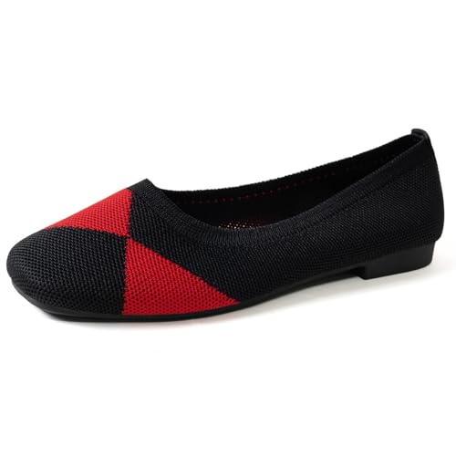 Damen-Ballettschuhe, atmungsaktiv, gestrickt, flache Schuhe, bequem, quadratische Zehenpartie, Slipper, leichte Freizeit-Loafers, rot, 40 EU von Generisch