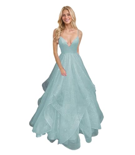 Damen Ballkleid Mit V-Ausschnitt TüLl Lang SpaghettiträGer Mehrlagiges Ballkleid Gestuftes A-Linien-Glitzerkleid Formelles Abendkleid Light Blue M von Generisch