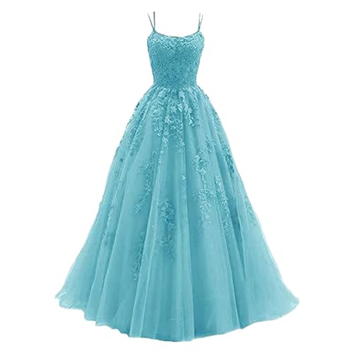 Damen Ballkleid aus Tüll mit Spaghettiträgern Lange Spitzenapplikationen Ballkleider A Linie formelle Party Abendkleider Ballkleider Damen Lang von Generisch
