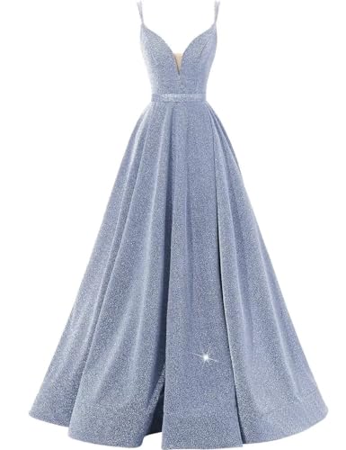 Damen Ballkleider mit V-Ausschnitt Glitzer-Spaghettiträger A-Linie Langes Ballkleid Formelle Abendkleider Seitenschlitz Dusty Blue 22 von Generisch