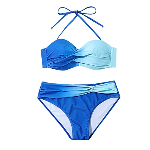 Damen Bandeau Bikini Set Push Up Crossover Bikini Bademode Abnehmbar Träger Strandmode Zweiteiliger Badeanzug Farbverlauf Strandbikini mit Hoher Taille und Raffung(Blau, S) von Generisch