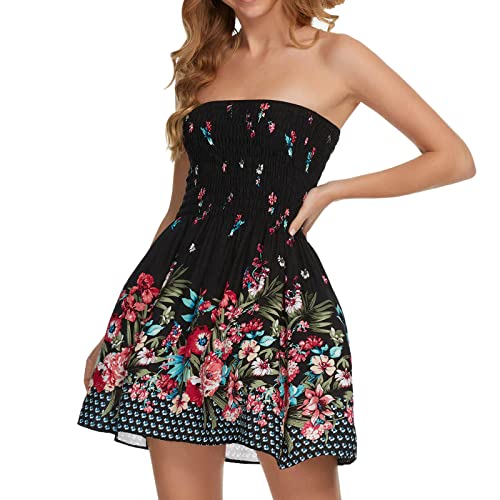 Damen Bandeau Boho Kleid Schulterfrei Elegante Sommerkleid Kurz Freizeitkleid Strandkleid Party Cocktailkleid Farbverlauf Blumen Druck Minikleid Stretch Hohe Taille A-Linie Faltenkleid 02 Schwarz M von Generisch