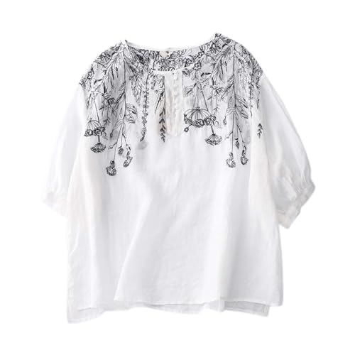 Damen Bauchkontrolle Boho Leinenhemd Blusen Bohemian Stil Übergröße Floral Grafik Stickerei Tunika 2025 Indische Rüschen Front Tops für ältere Frauen Sommer Loose Fit Retro Gaze, weiß, L von Generisch