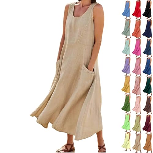 Damen Baumwoll Leinen Tankkleid Vintage Einfarbig Sommerkleid Schwarz Strandkleid Lose Rundhals Maxikleid A-Linie Kleider Langes Kleid Partykleid Freizeitkleid mit Taschen Rüschen von Generisch