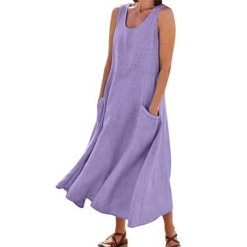 Damen Baumwoll Leinen Tankkleid Vintage Einfarbig Sommerkleid Schwarz Strandkleid Lose Rundhals Maxikleid A-Linie Kleider Langes Kleid Partykleid Freizeitkleid mit Taschen Rüschen von Generisch