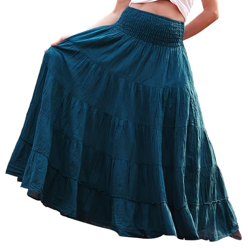 Damen Baumwolle Leinen Rock Hoher Taille Boho Damenrock High Waist Leichte Strand Maxirock Atmungsaktiv Frühling Sommer Elastisch Taille Freizeitrock Elegante Causal Strandrock Lange (Blue #1, M) von Generisch